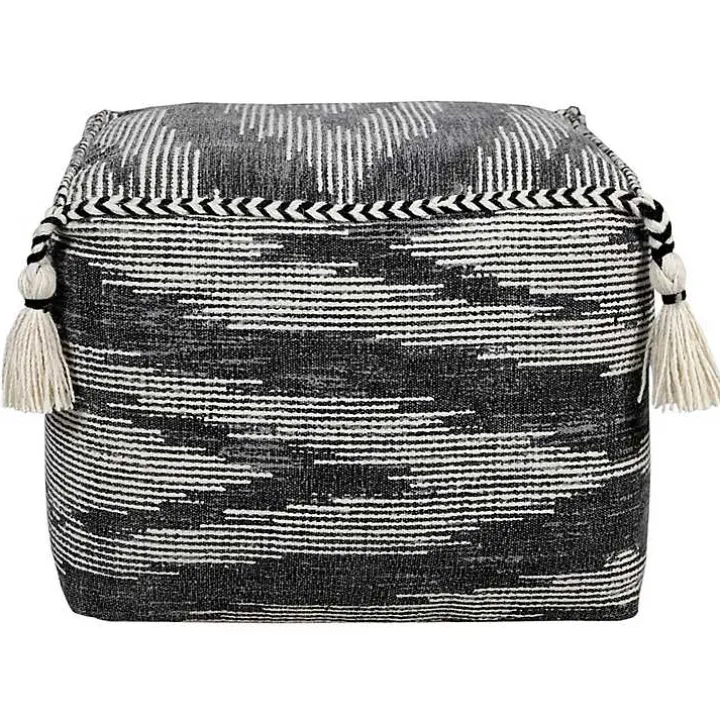 Dark Gray Tasseled Static Geo Cotton Square Pouf