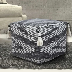 Dark Gray Tasseled Static Geo Cotton Square Pouf