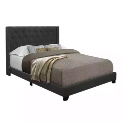 Dark Gray Upholstered Button Tufted Wing King Bed