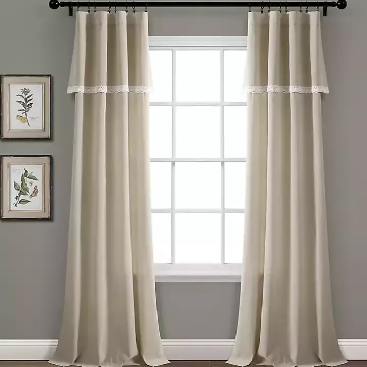 Dark Linen Lace Curtain Panel Set, 84 in.