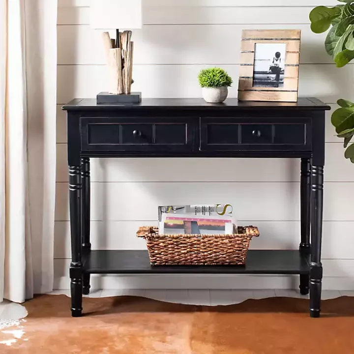 Distressed Black Wood 2-Drawer Console Table