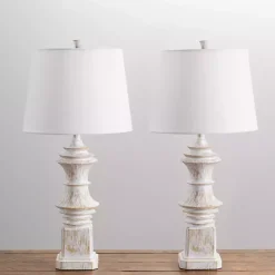 Distressed Cream Carved Table Lamps, Set of 2