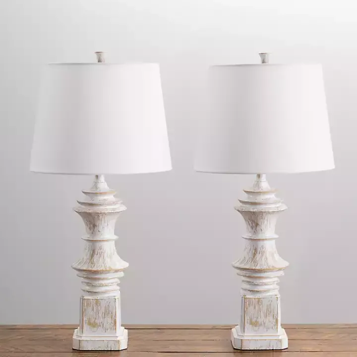 Distressed Cream Carved Table Lamps, Set of 2