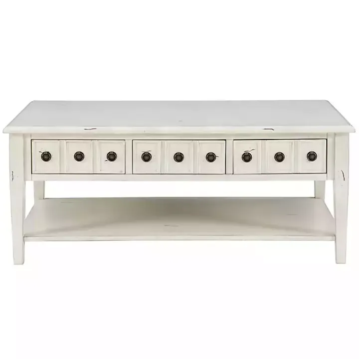 Distressed Cream Wood 3-Drawer Coffee Table