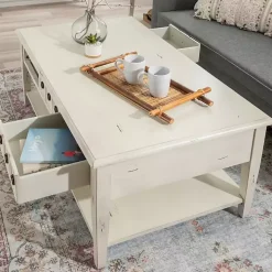 Distressed Cream Wood 3-Drawer Coffee Table