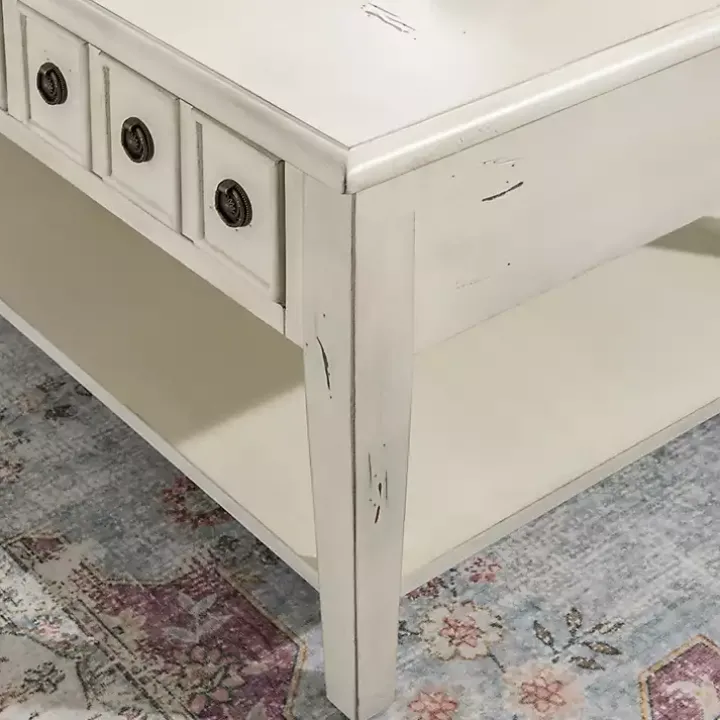 Distressed Cream Wood 3-Drawer Coffee Table