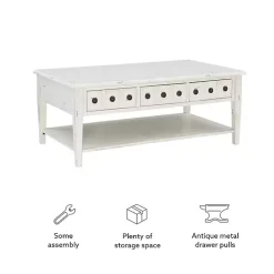 Distressed Cream Wood 3-Drawer Coffee Table