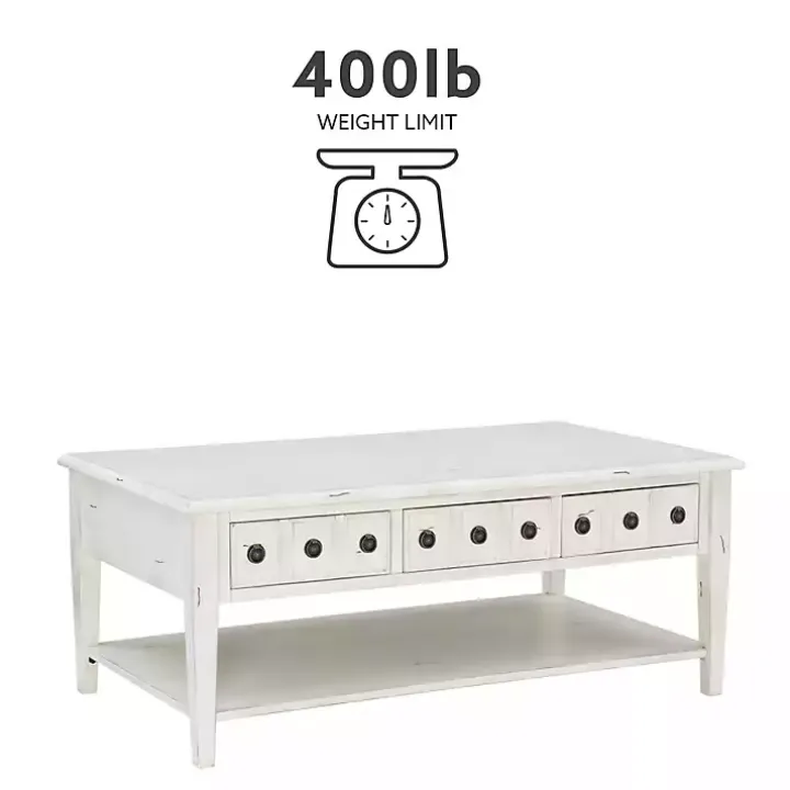 Distressed Cream Wood 3-Drawer Coffee Table