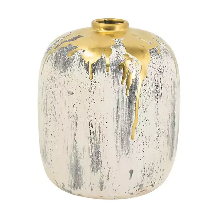 Distressed Gray Vase with Gold Splatter, 8 in.