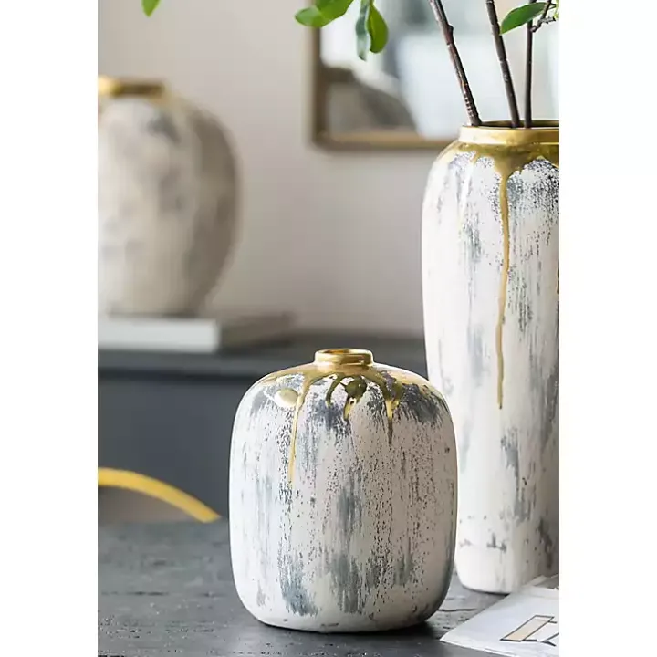 Distressed Gray Vase with Gold Splatter, 8 in.