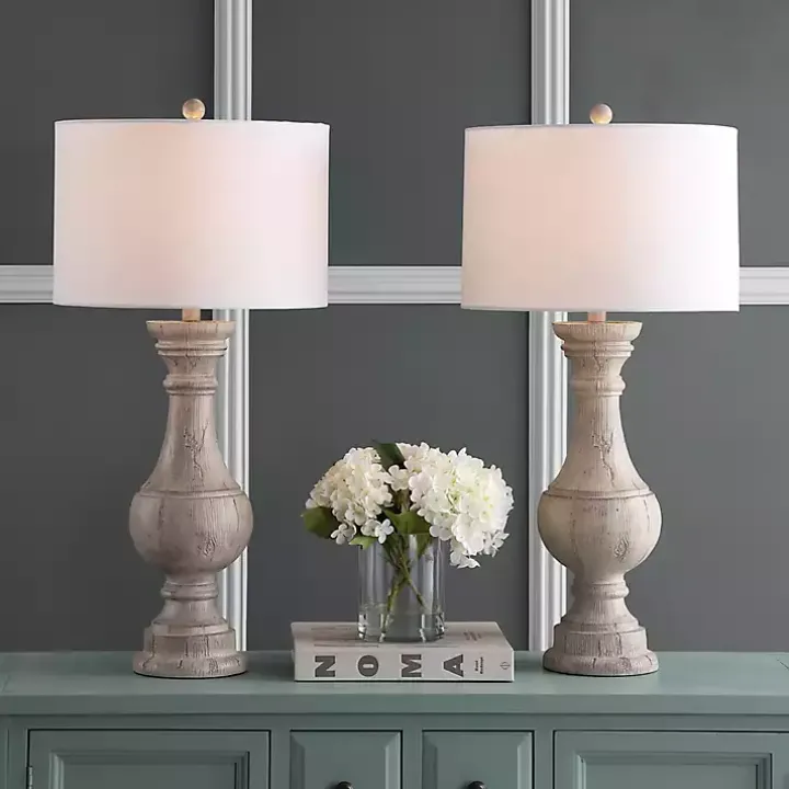 Distressed Ivory Faux Wood Table Lamps, Set of 2