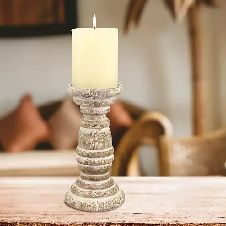 Distressed Turned Wood Candle Holder, 8 in.