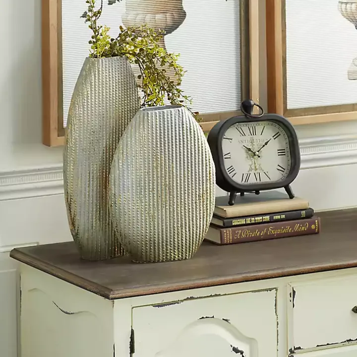 Distressed White and Beige Flat Vases, Set of 2