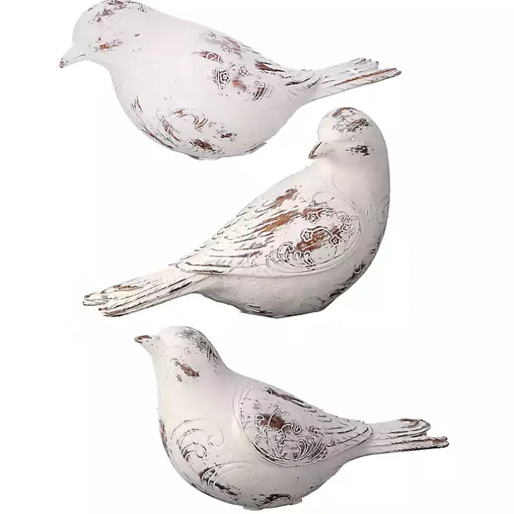 Distressed White Carved Bird Statues, Set of 3