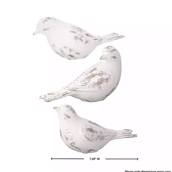 Distressed White Carved Bird Statues, Set of 3