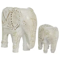 Distressed White Carved Elephant Statues, Set of 2