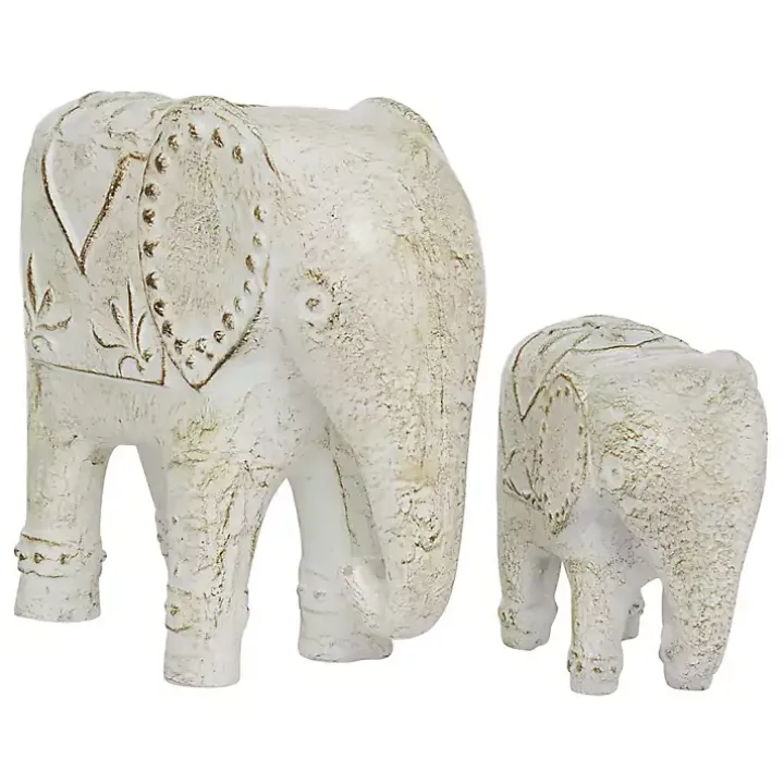 Distressed White Carved Elephant Statues, Set of 2