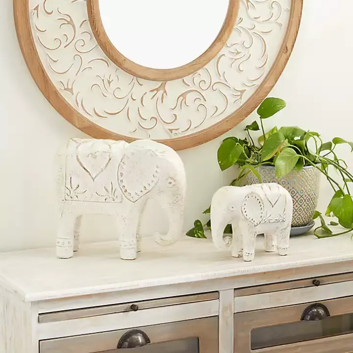 Distressed White Carved Elephant Statues, Set of 2