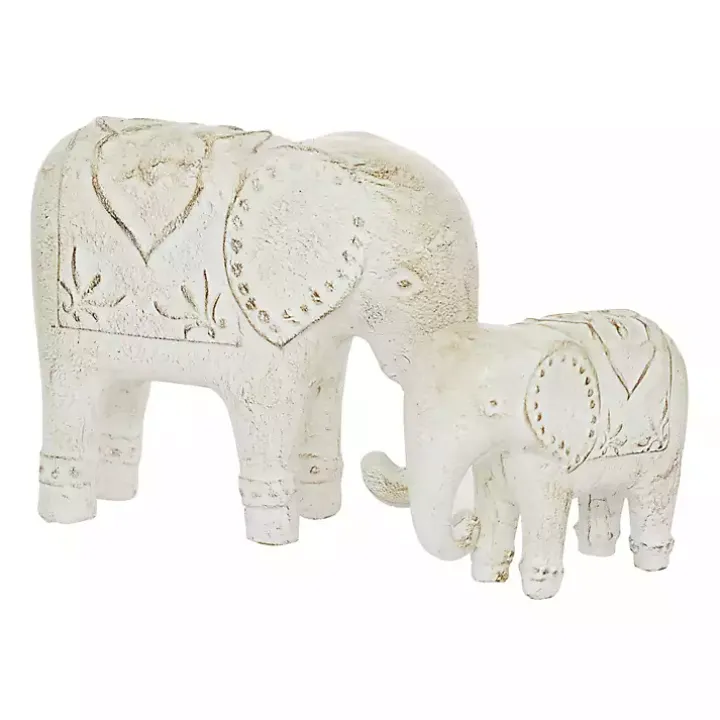 Distressed White Carved Elephant Statues, Set of 2