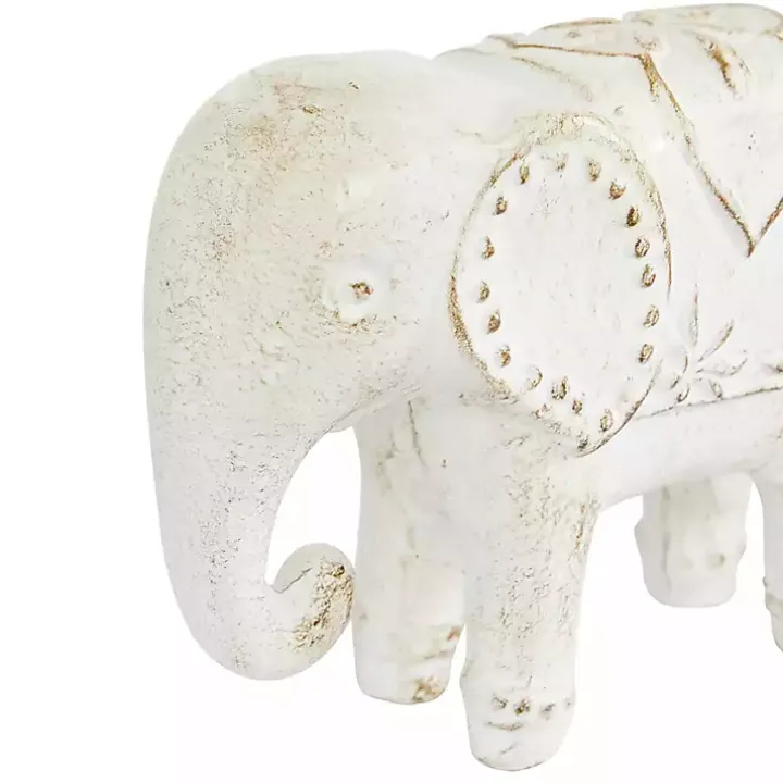 Distressed White Carved Elephant Statues, Set of 2