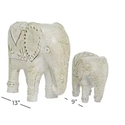 Distressed White Carved Elephant Statues, Set of 2