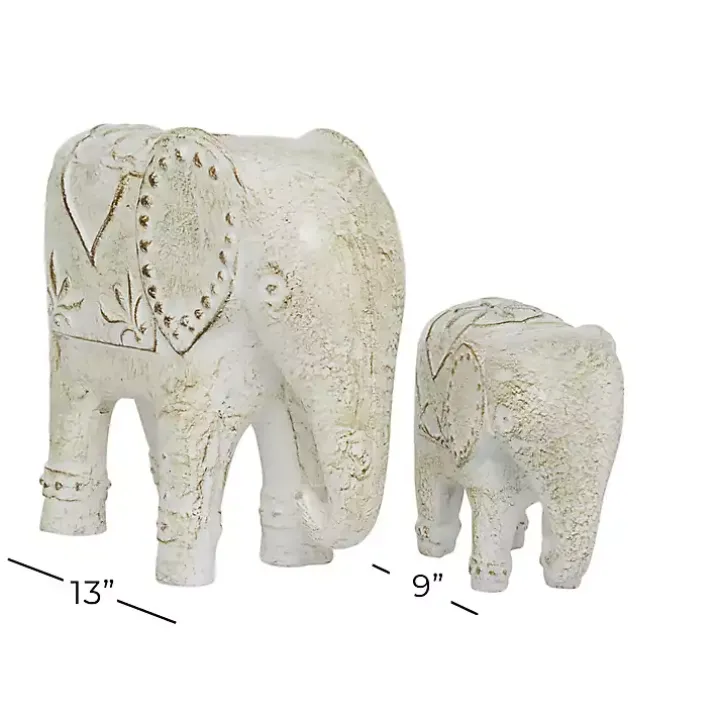 Distressed White Carved Elephant Statues, Set of 2