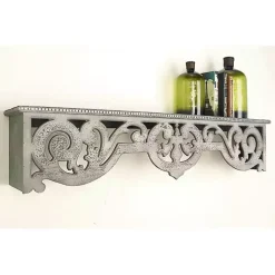 Distressed White Carved Wood Wall Shelf