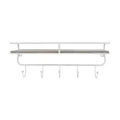 Distressed White Metal Wall Shelf with Hooks