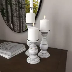 Distressed White Wood 3-pc. Candle Holder Set