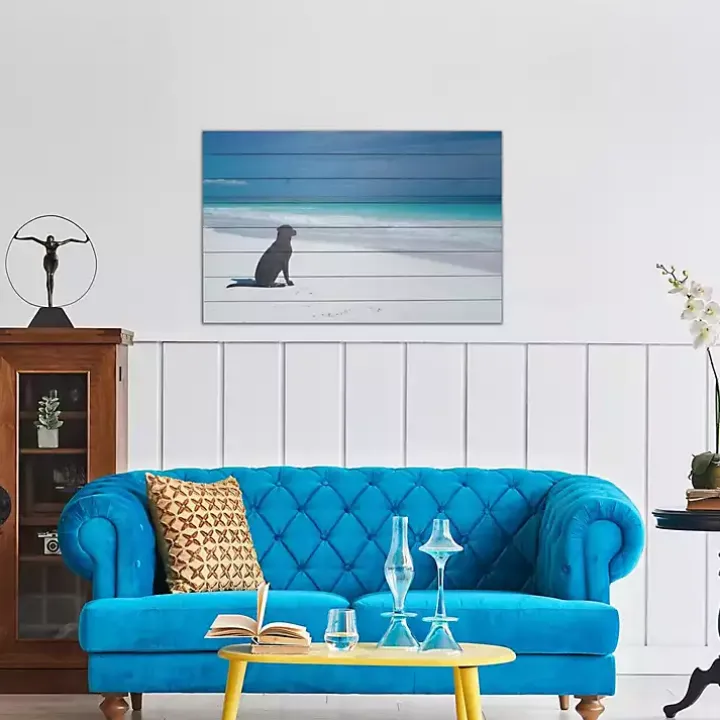 Dog on Beach Slatted Wood Art Print