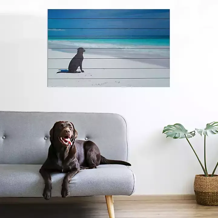 Dog on Beach Slatted Wood Art Print