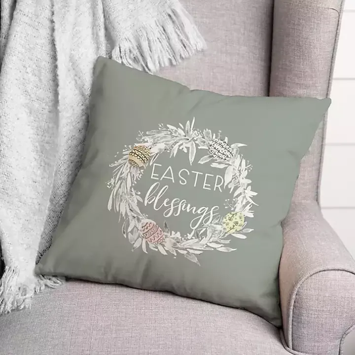 Easter Blessings Wreath Outdoor Throw Pillow