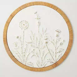 Embossed Ivory Floral Round Framed Wall Plaque