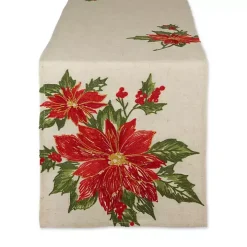 Embroidered Holly Poinsettia Table Runner