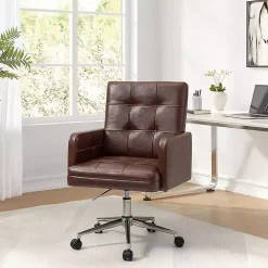 Espresso Tufted Faux Leather Swivel Office Chair