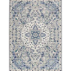 Faded Gray & Blue Floral Medallion Area Rug, 5x7
