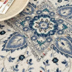 Faded Gray & Blue Floral Medallion Area Rug, 5x7