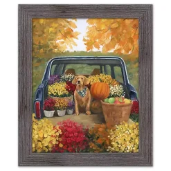 Fall Floral Dog Truck Framed Canvas Art Print