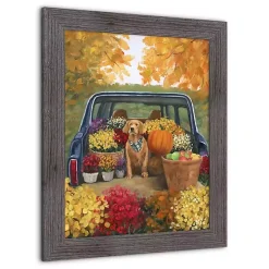 Fall Floral Dog Truck Framed Canvas Art Print