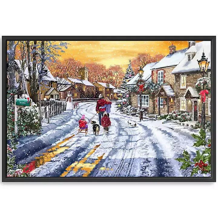 Family Walking in the Snow Framed Canvas Art Print
