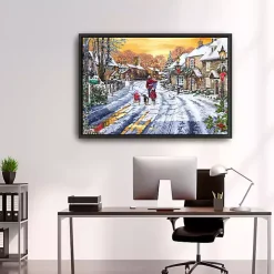 Family Walking in the Snow Framed Canvas Art Print