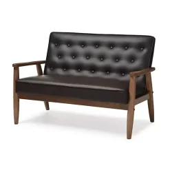 Faux Brown Leather and Rubberwood Loveseat, 49 in.