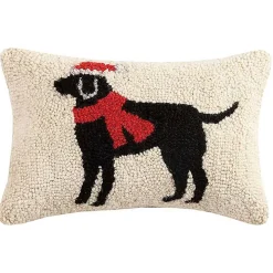Festive Black Lab Hooked Wool Lumbar Pillow