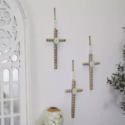 Floral Beaded Wood Cross Wall Plaques, Set of 3