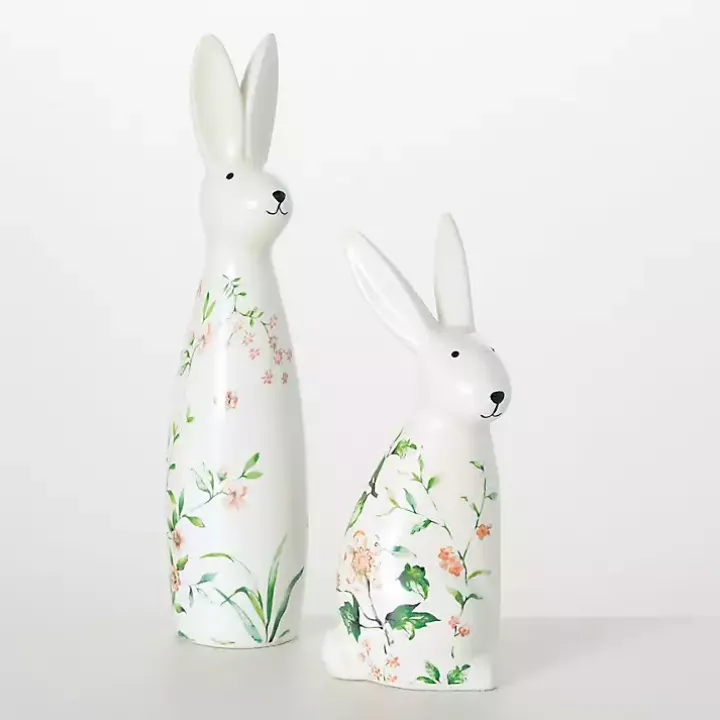 Floral Ceramic Bunny Figurines, Set of 2