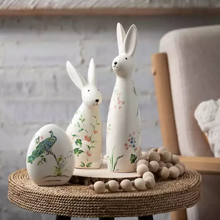 Floral Ceramic Bunny Figurines, Set of 2