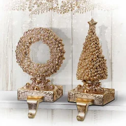 Gilded Tree and Wreath Stocking Holders, Set of 2