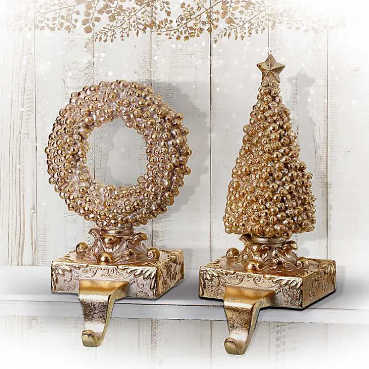 Gilded Tree and Wreath Stocking Holders, Set of 2