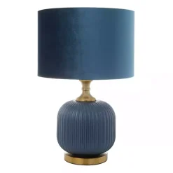 Glass Base Round Blue Velvet Shade Table Lamp