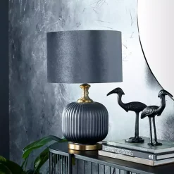 Glass Base Round Blue Velvet Shade Table Lamp